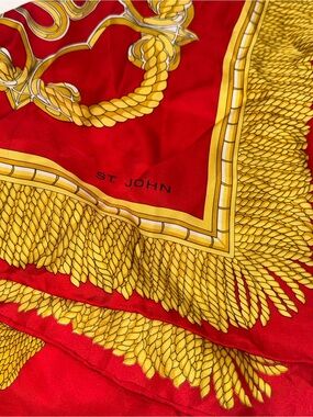 St. John Red & Gold Silk Scarf Sarong Wrap bathing suit cover up Head Scarf